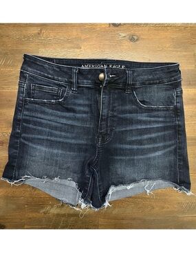American Eagle AEO Denim Cafe hi rise shortie super super stretch cut off shorts
